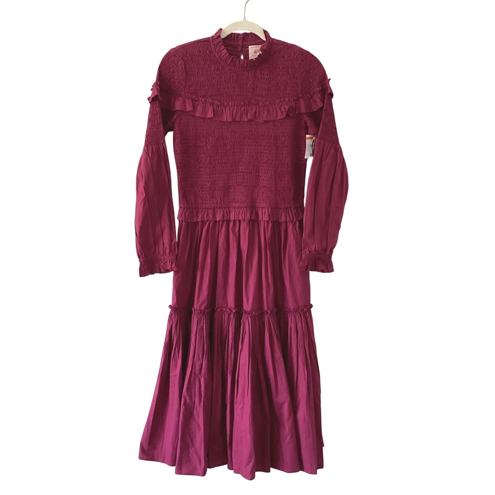Banjanan Magenta Cotton Smocked Tiered Ruffle Midi Dress Womens Medium Berry